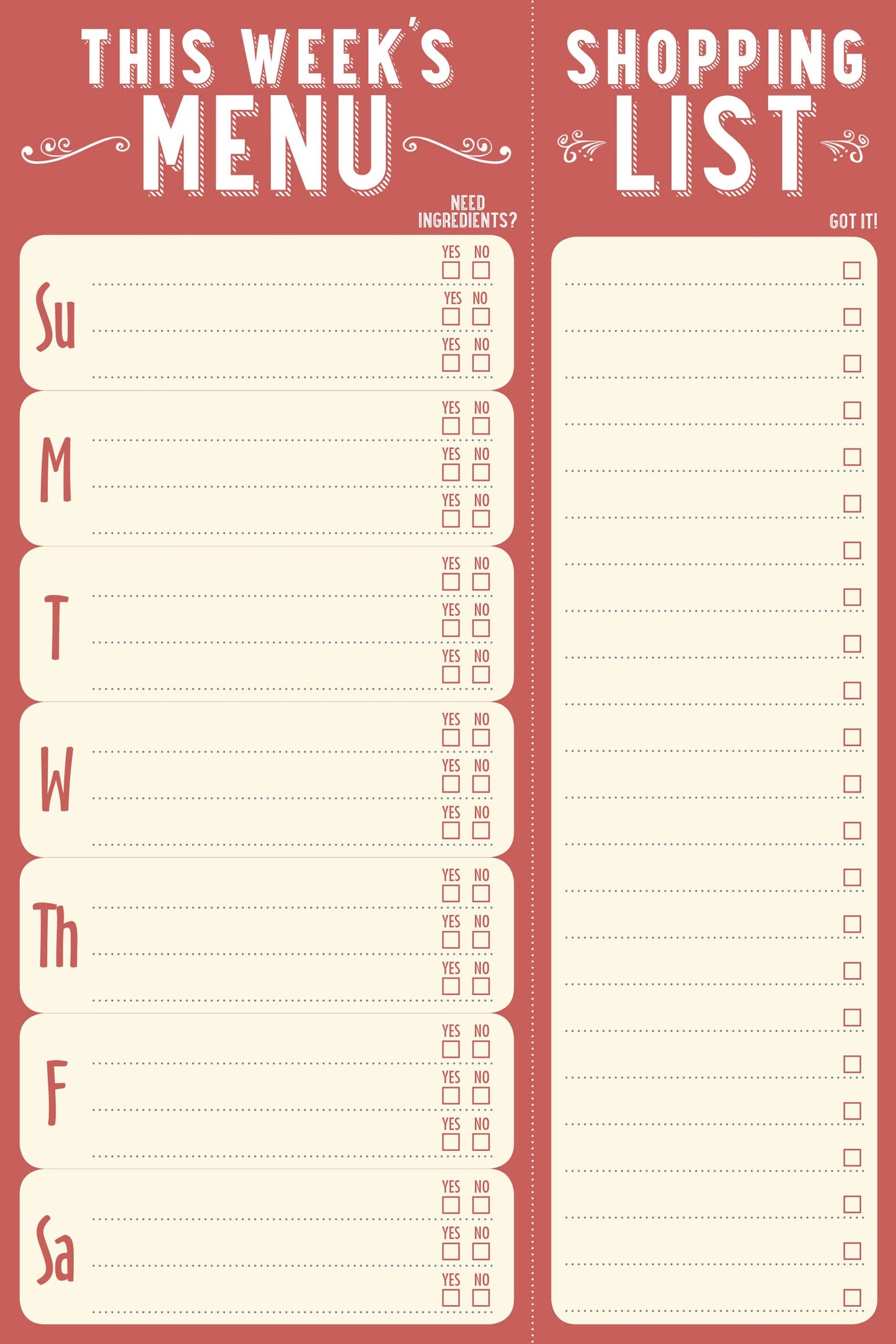 This Week's Menu Note Pad