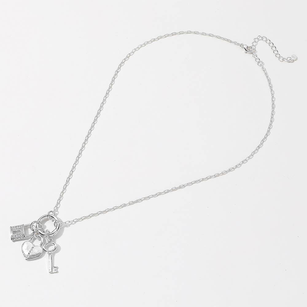 14K Gold Dipped Stone Paved Heart Lock Key Pendant Necklace