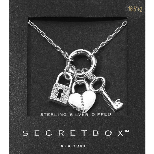 14K Gold Dipped Stone Paved Heart Lock Key Pendant Necklace