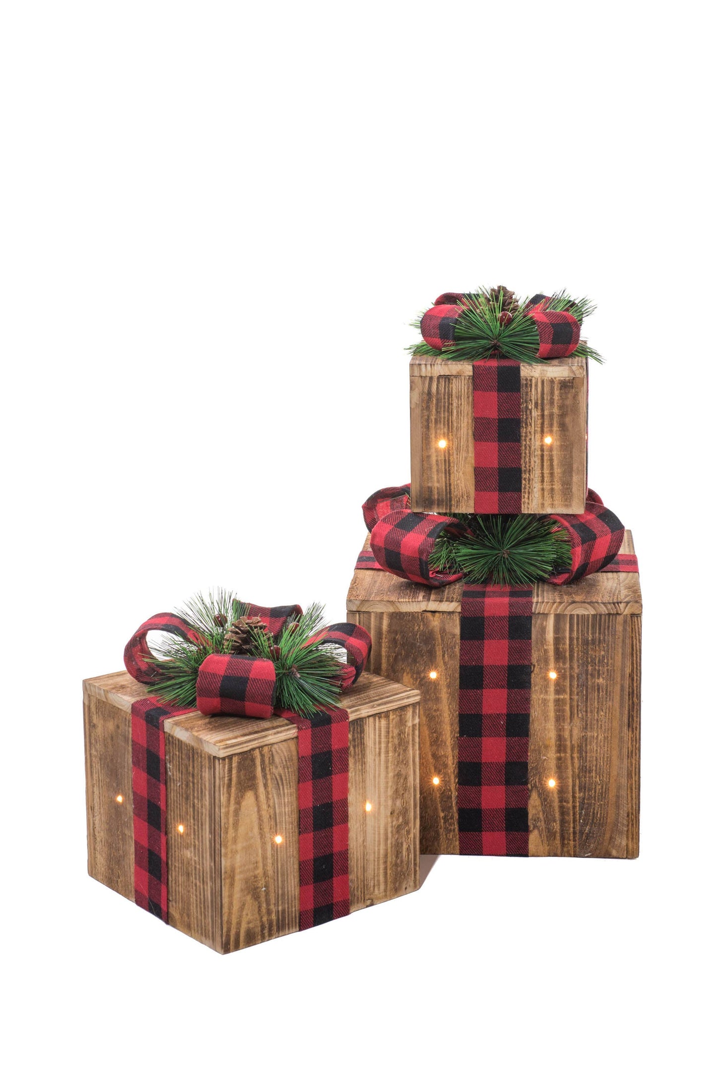 illuminated 3 Piece Present Set w/ Plaid Ribbon