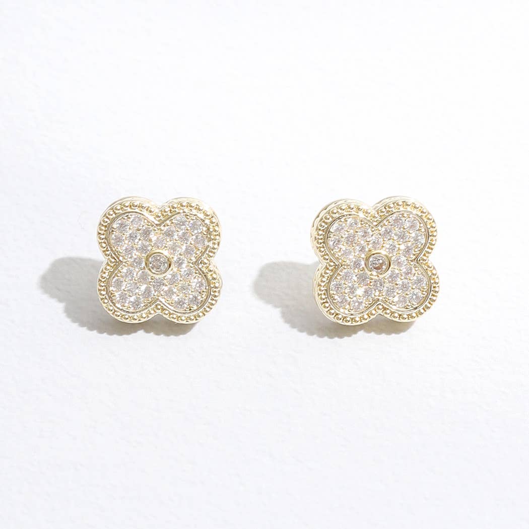 Gold Tone CZ Pave Clover Post Earrings