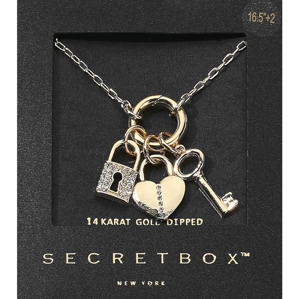 14K Gold Dipped Stone Paved Heart Lock Key Pendant Necklace