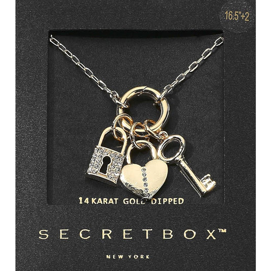 14K Gold Dipped Stone Paved Heart Lock Key Pendant Necklace