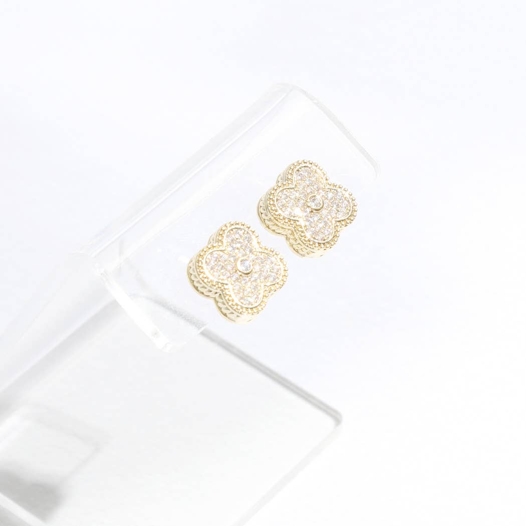 Gold Tone CZ Pave Clover Post Earrings