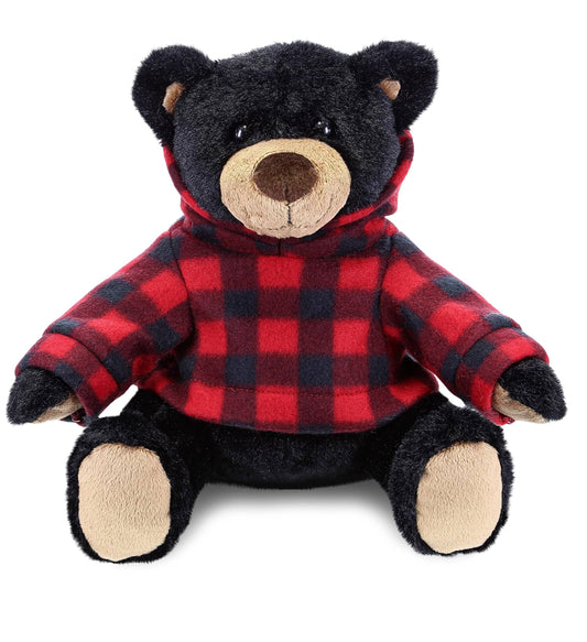 Super Soft Plush With Red Plaid Hoodie - Black Bear