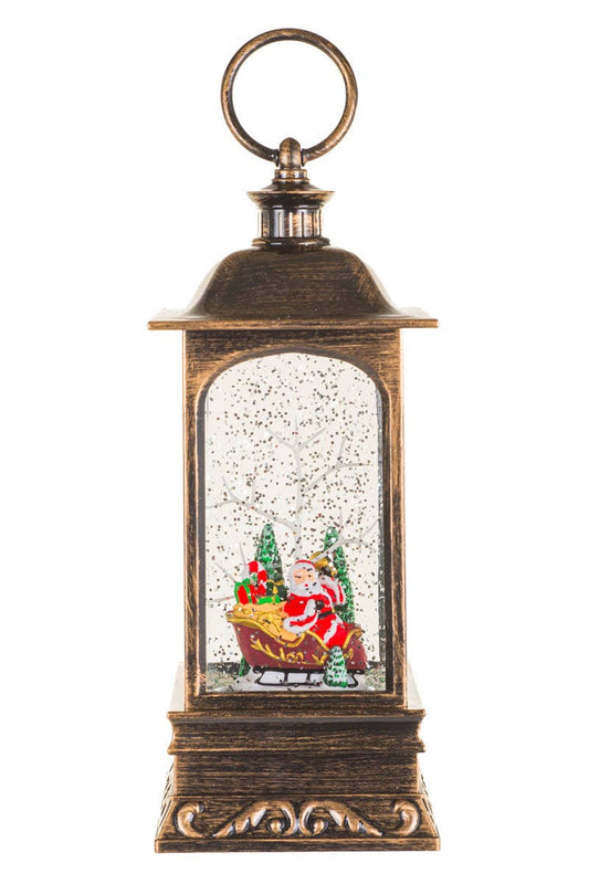 Starlight Collection - NEW-Bronze Led Lantern Snow Globe With Santa In Sleigh
