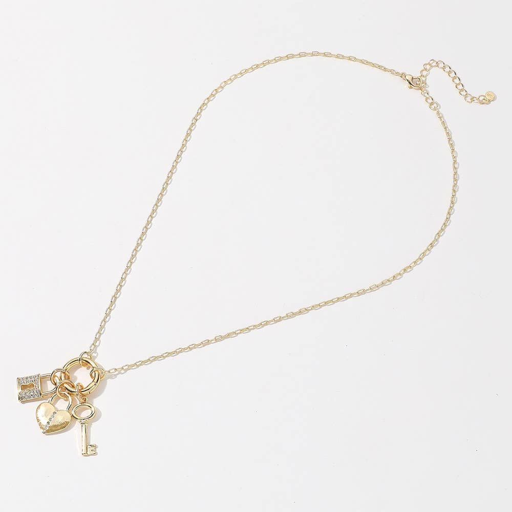 14K Gold Dipped Stone Paved Heart Lock Key Pendant Necklace