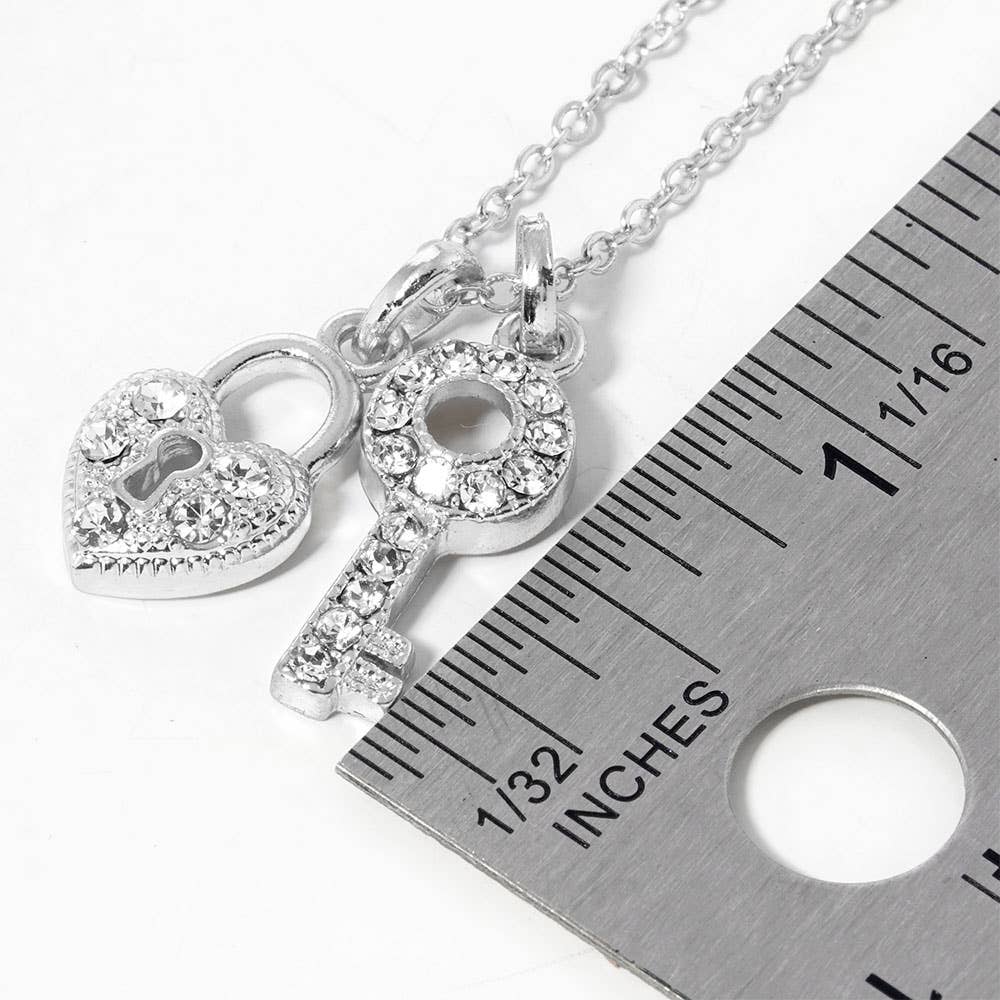 Rhinestone Paved Key Heart Lock Pendant Necklace
