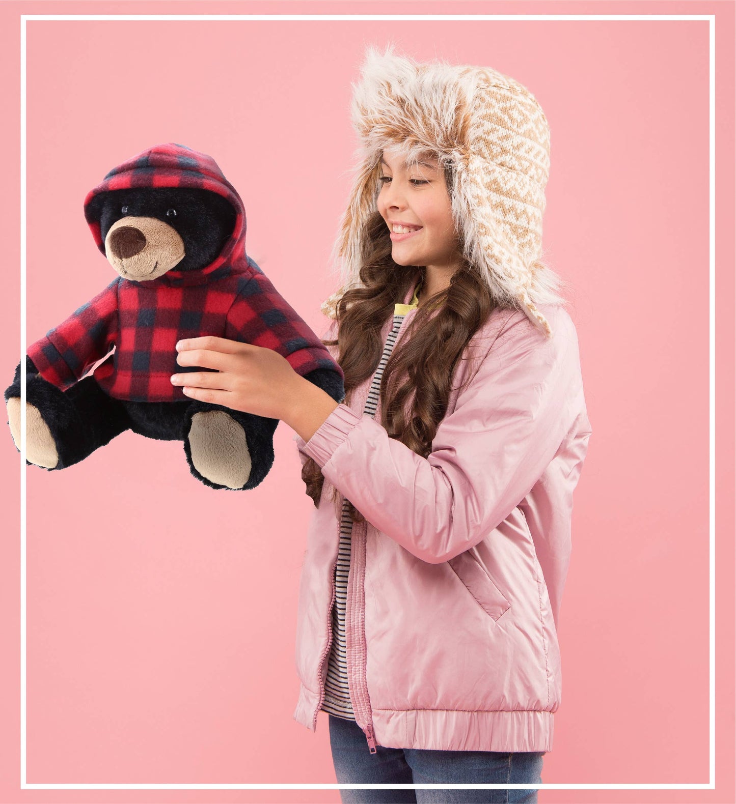 Super Soft Plush With Red Plaid Hoodie - Black Bear