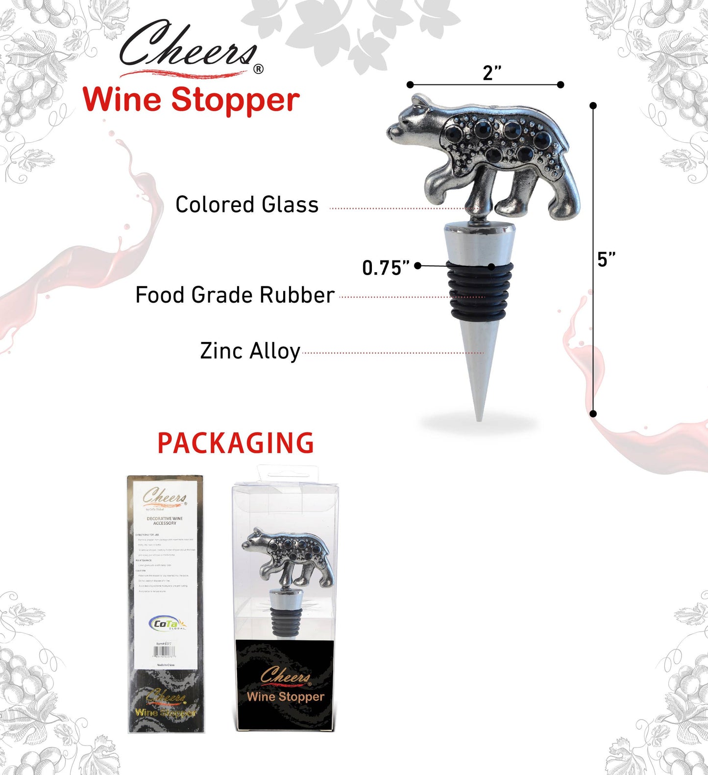 Wine Stopper - Metal Black Bear