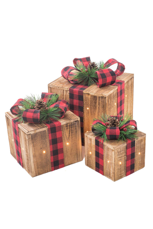 illuminated 3 Piece Present Set w/ Plaid Ribbon