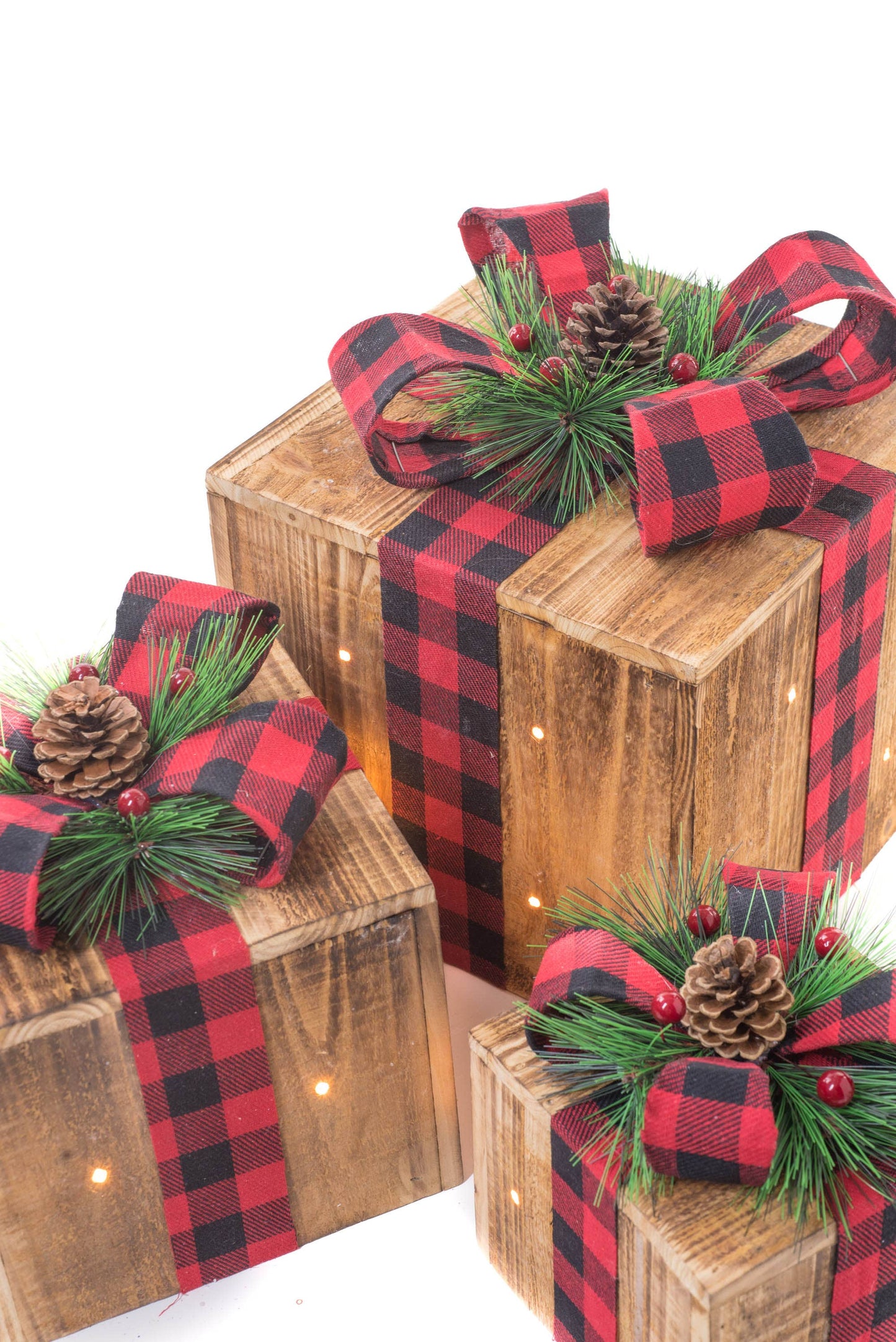 illuminated 3 Piece Present Set w/ Plaid Ribbon