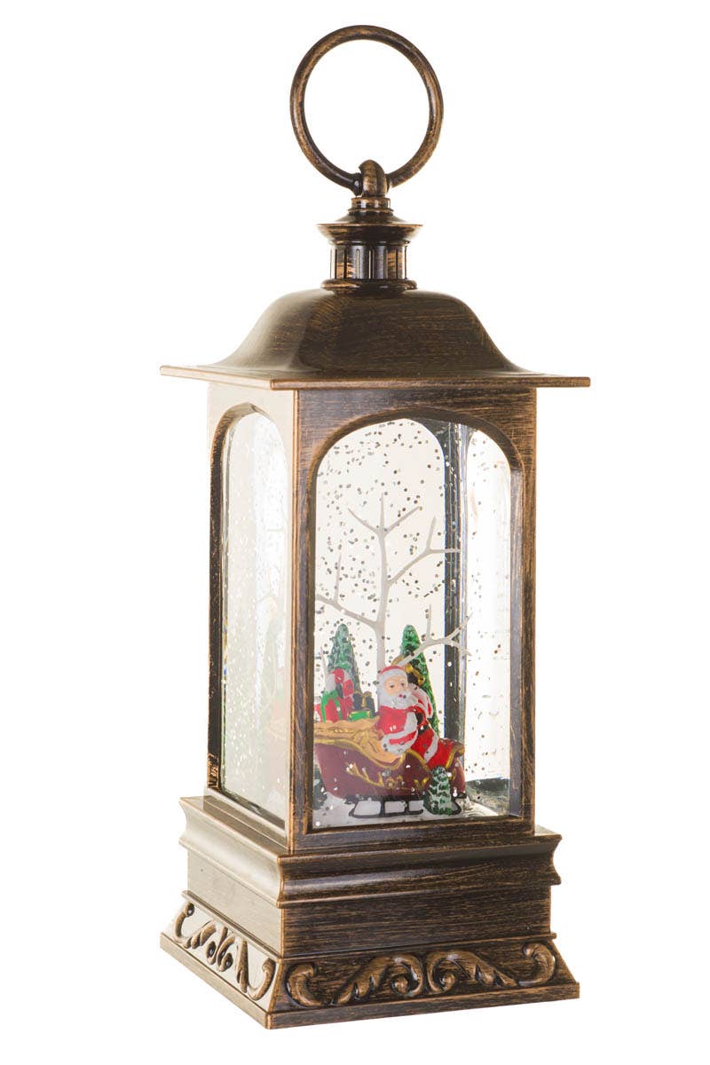 Starlight Collection - NEW-Bronze Led Lantern Snow Globe With Santa In Sleigh