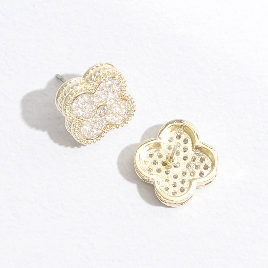 Gold Tone CZ Pave Clover Post Earrings