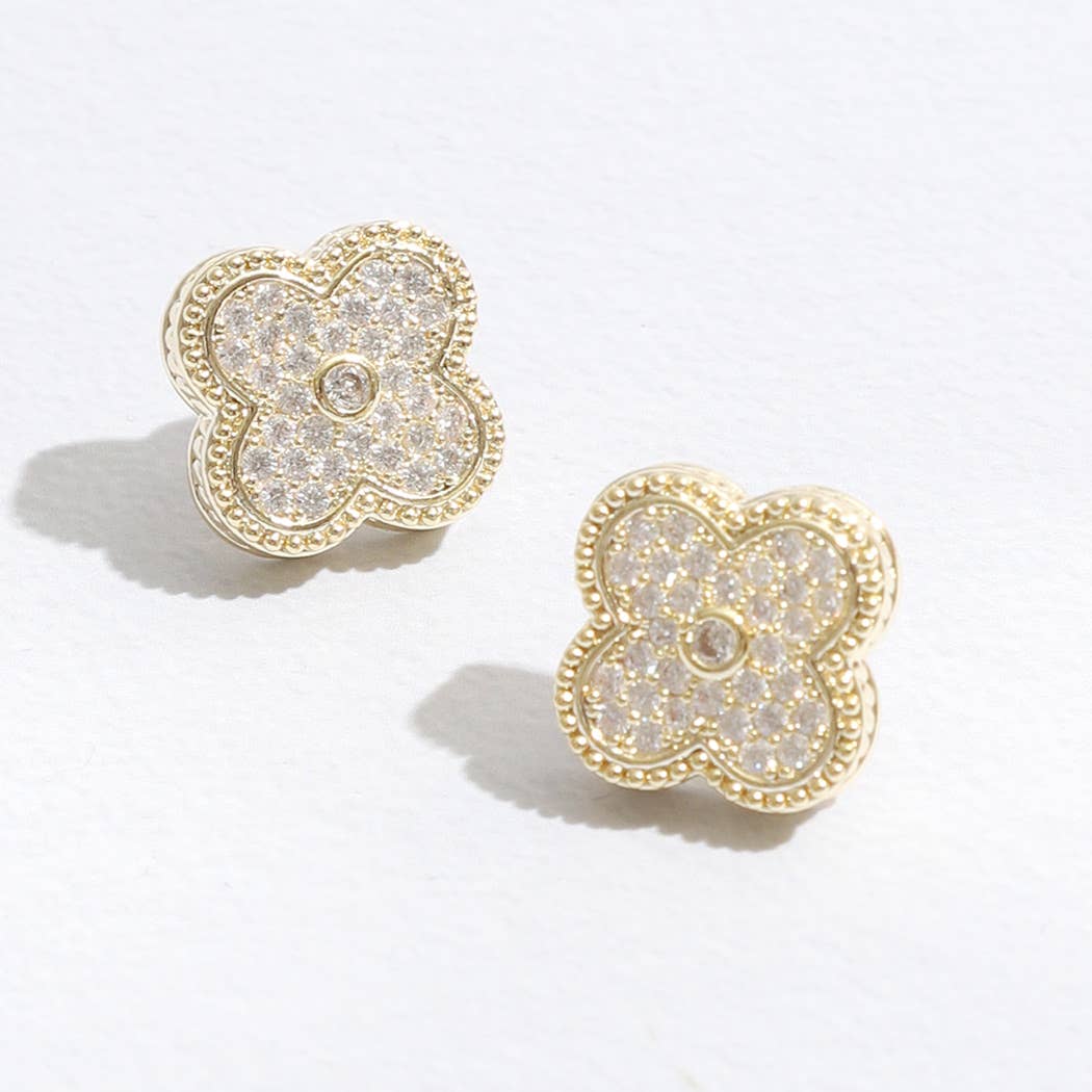 Gold Tone CZ Pave Clover Post Earrings
