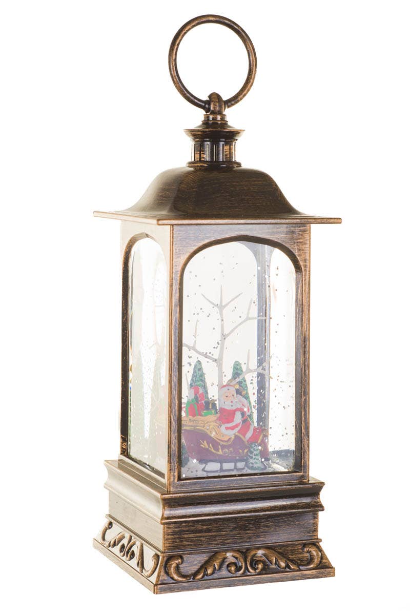 Starlight Collection - NEW-Bronze Led Lantern Snow Globe With Santa In Sleigh