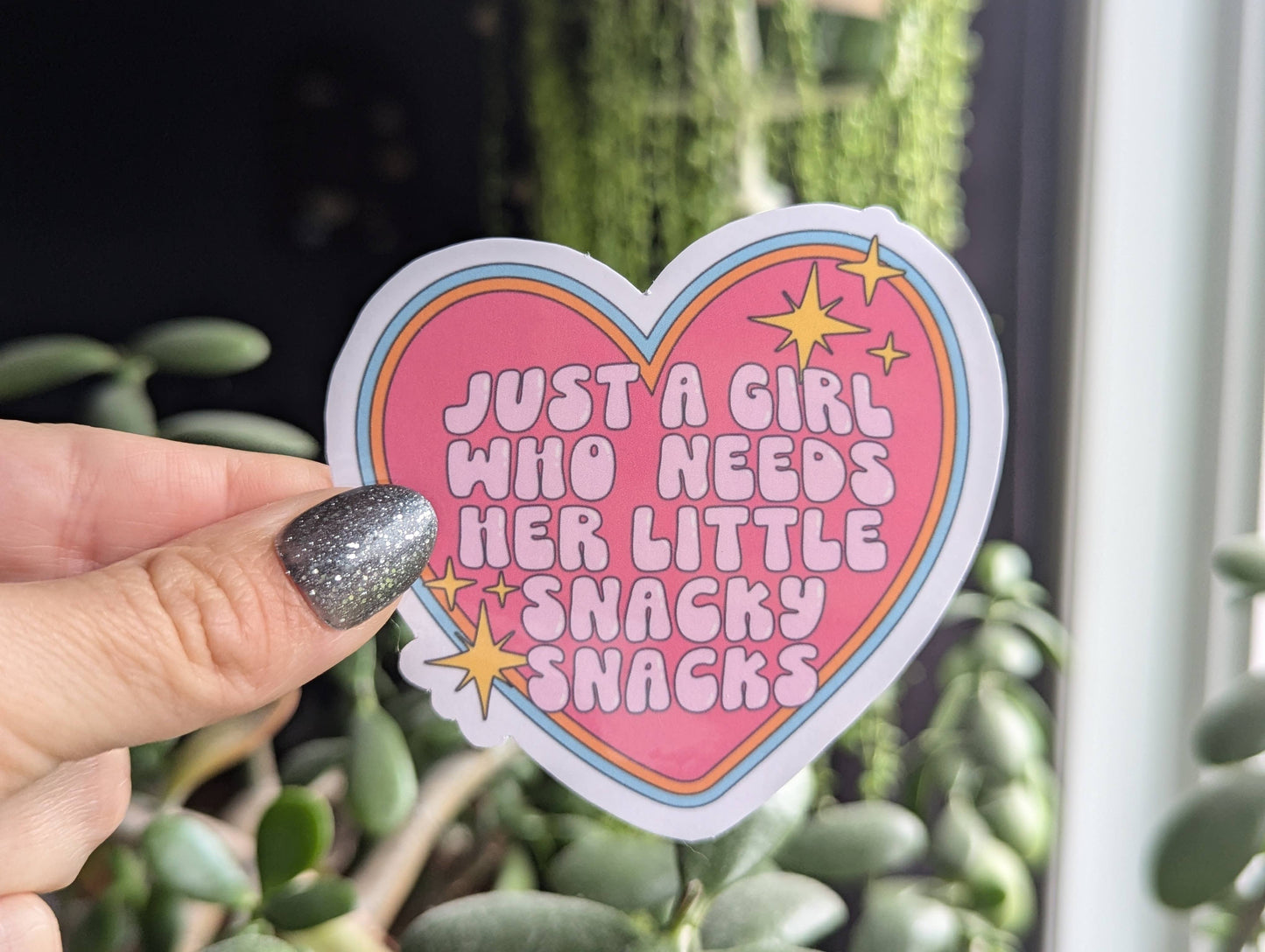 Just a girl who needs her little snacky snacks vinyl sticker