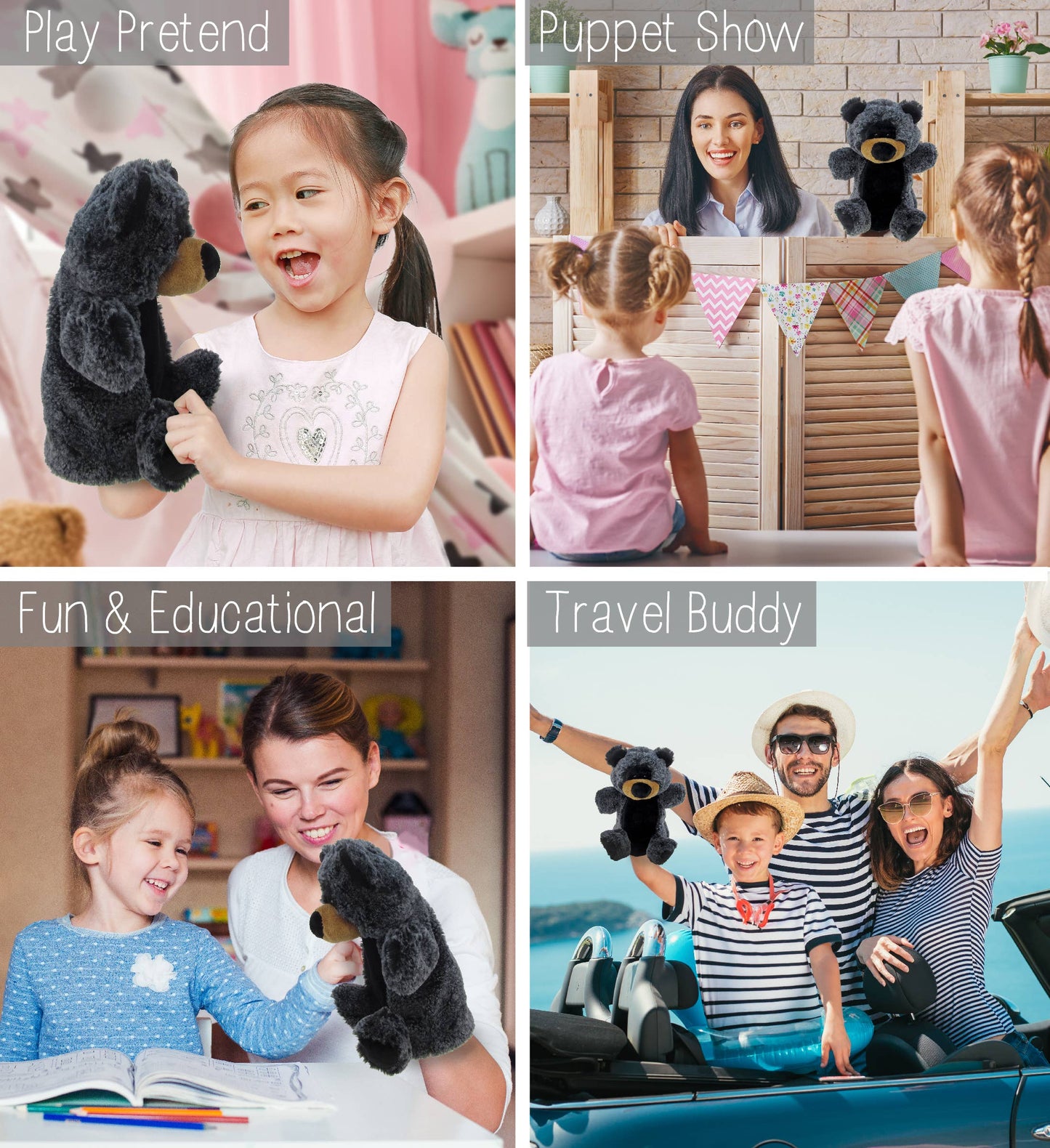 Soft Plush Hand Puppet - Black Bear