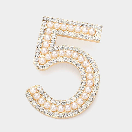 Stone Paved Pearl Embellished Number Five Pin