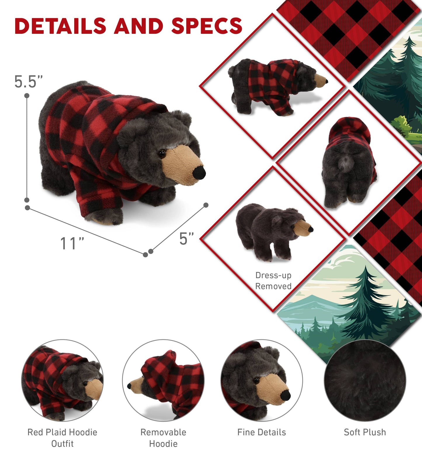STANDING WILD BLACK BEAR W RED PLAID HOODIE