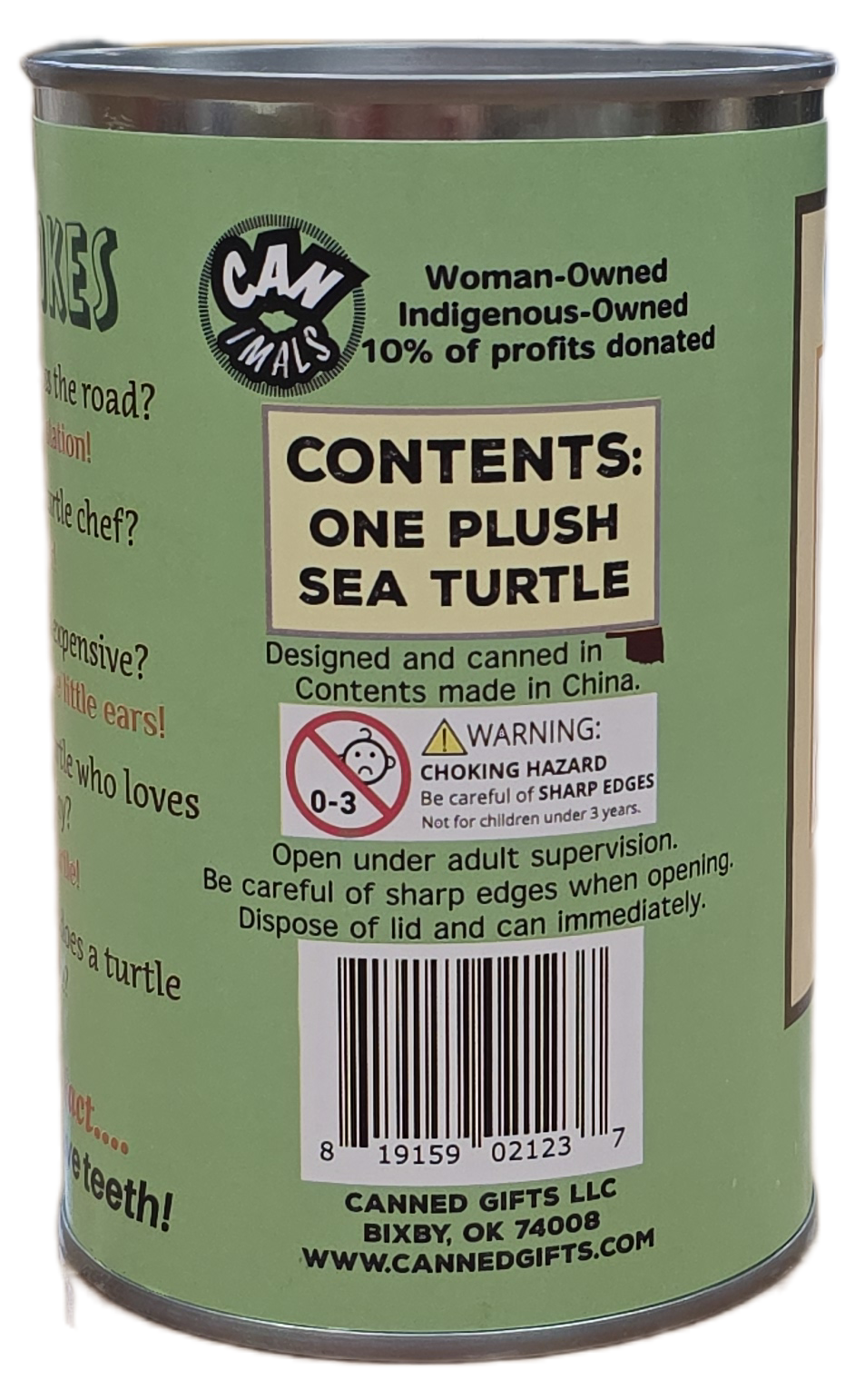 Canned Sea Turtle Stuffed Animal Plush w/Jokes