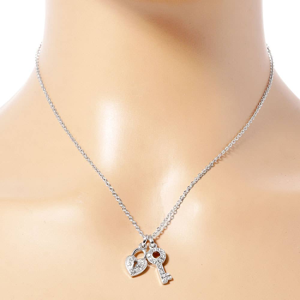 Rhinestone Paved Key Heart Lock Pendant Necklace
