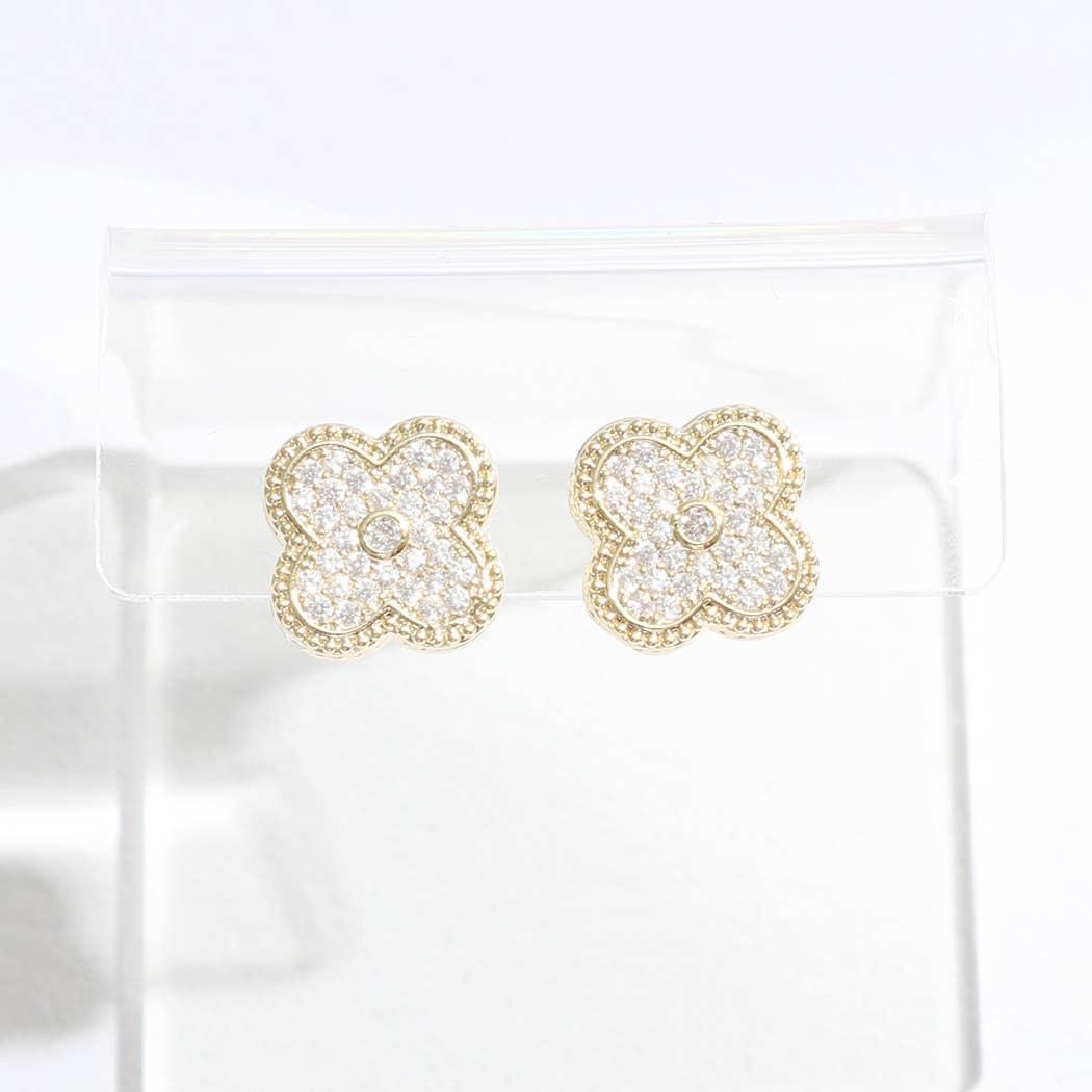 Gold Tone CZ Pave Clover Post Earrings