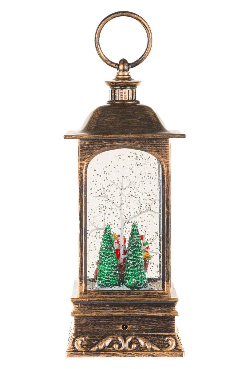 Starlight Collection - NEW-Bronze Led Lantern Snow Globe With Santa In Sleigh