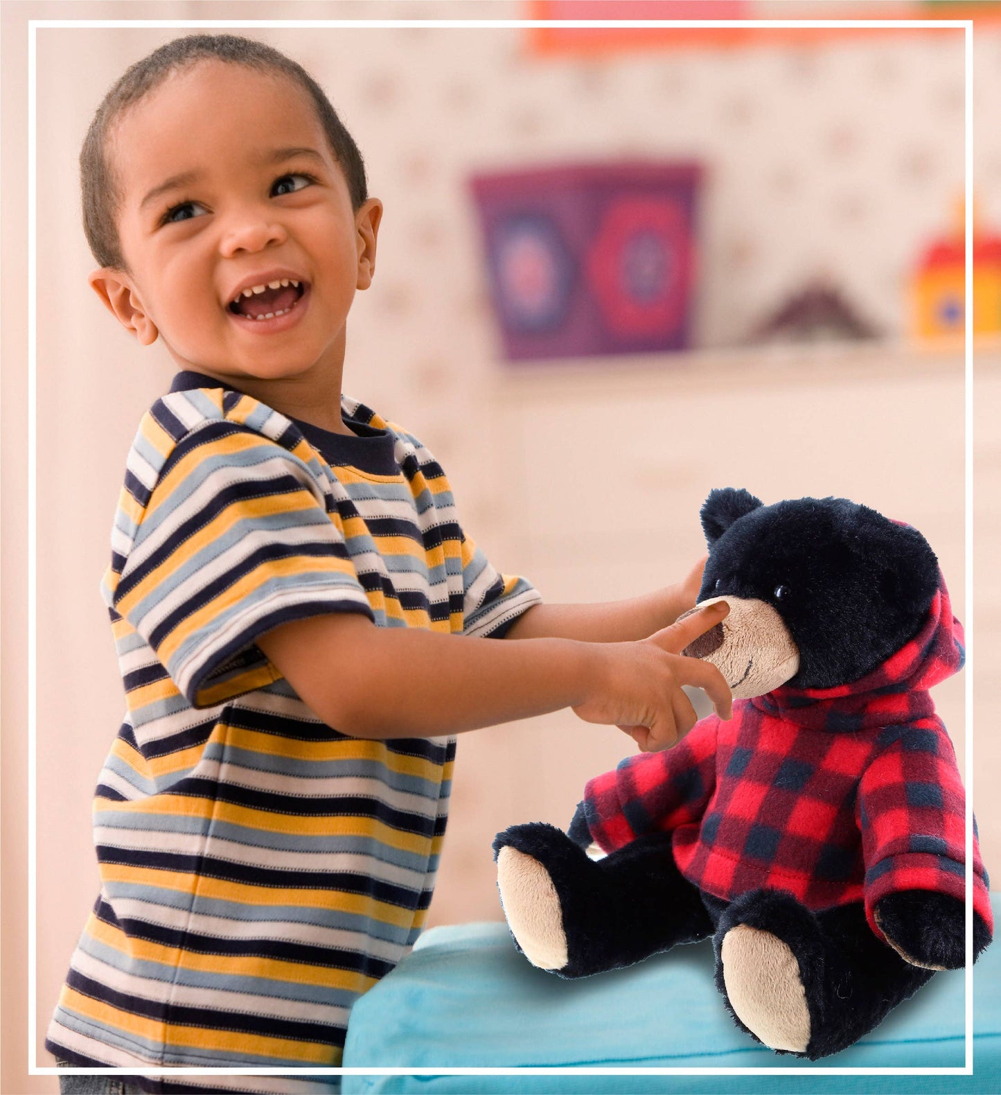 Super Soft Plush With Red Plaid Hoodie - Black Bear