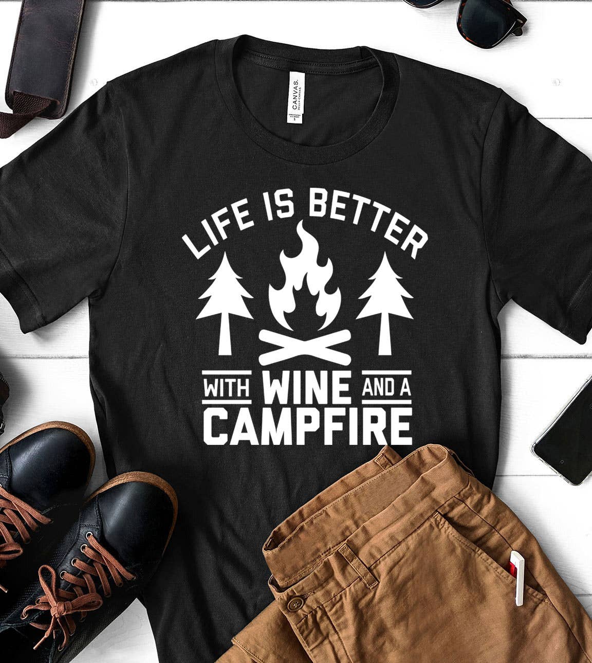 Life Is Better With Wine - Wine Camping Fun Fire  T-Shirt