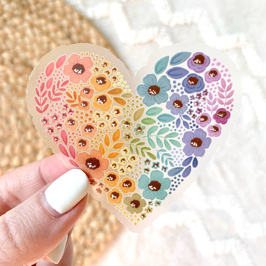 Elyse Breanne Design - Clear Pride Rainbow Floral Heart Sticker 2.75x3in