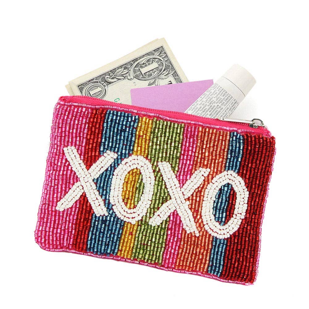 XOXO Message Rainbow Color Block Beaded Mini Pouch Bag