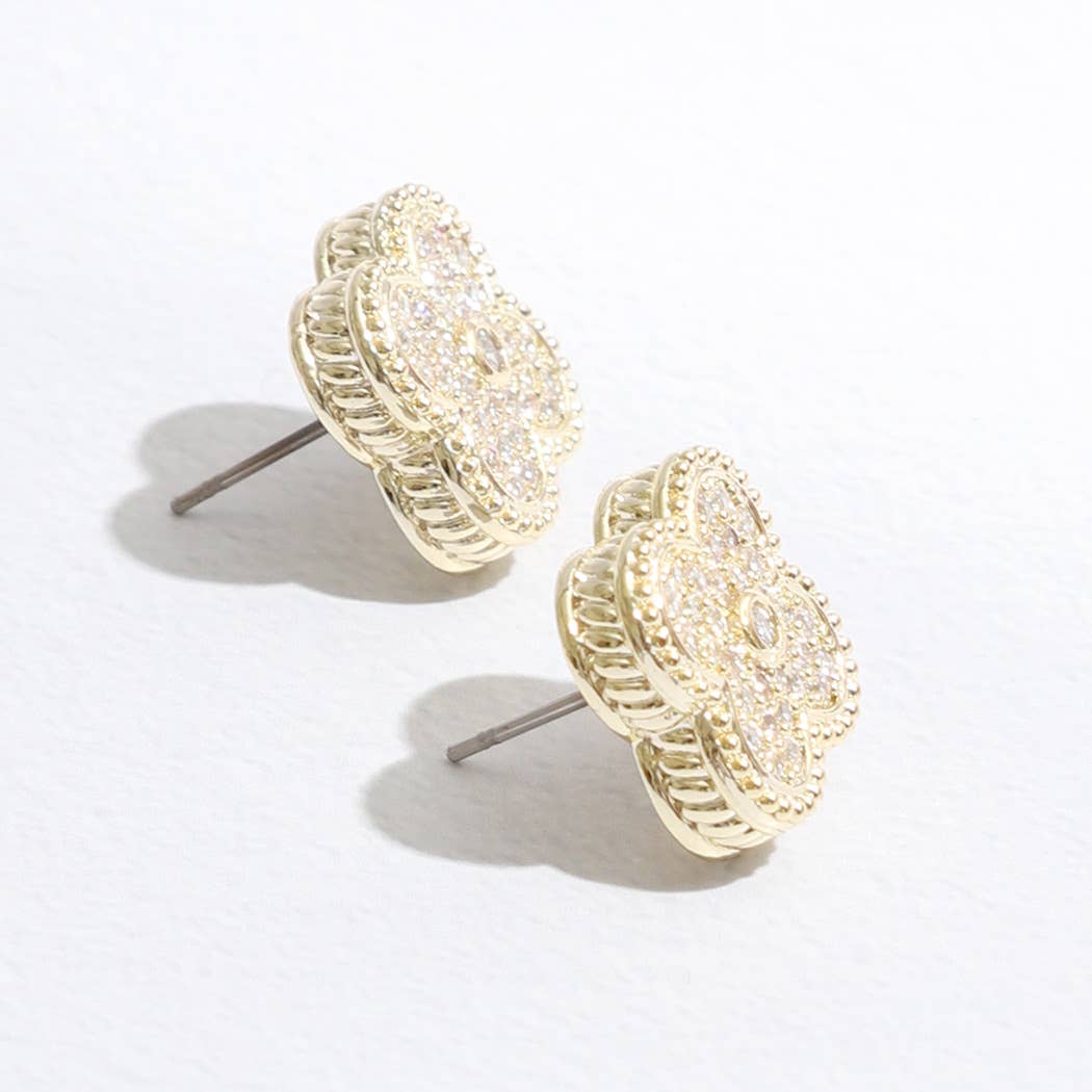 Gold Tone CZ Pave Clover Post Earrings