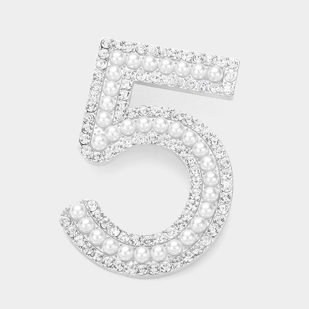 Stone Paved Pearl Embellished Number Five Pin