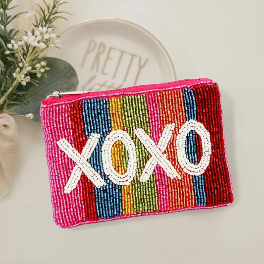 XOXO Message Rainbow Color Block Beaded Mini Pouch Bag