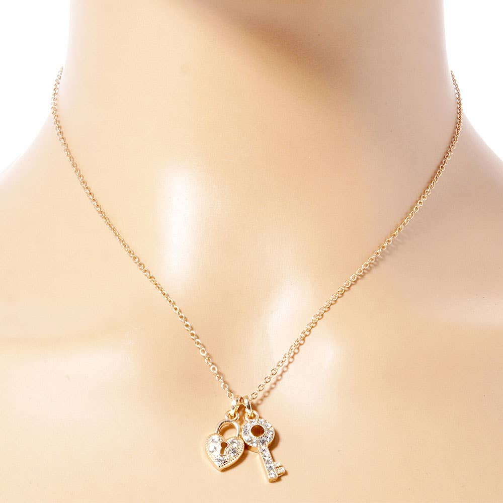 Rhinestone Paved Key Heart Lock Pendant Necklace