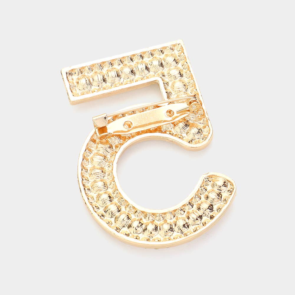 Stone Paved Pearl Embellished Number Five Pin
