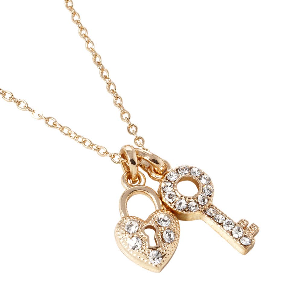 Rhinestone Paved Key Heart Lock Pendant Necklace