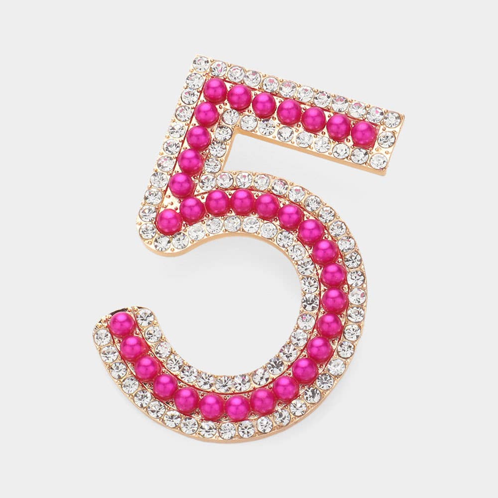 Stone Paved Pearl Embellished Number Five Pin