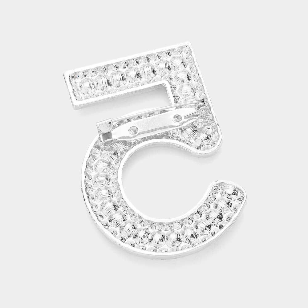 Stone Paved Pearl Embellished Number Five Pin
